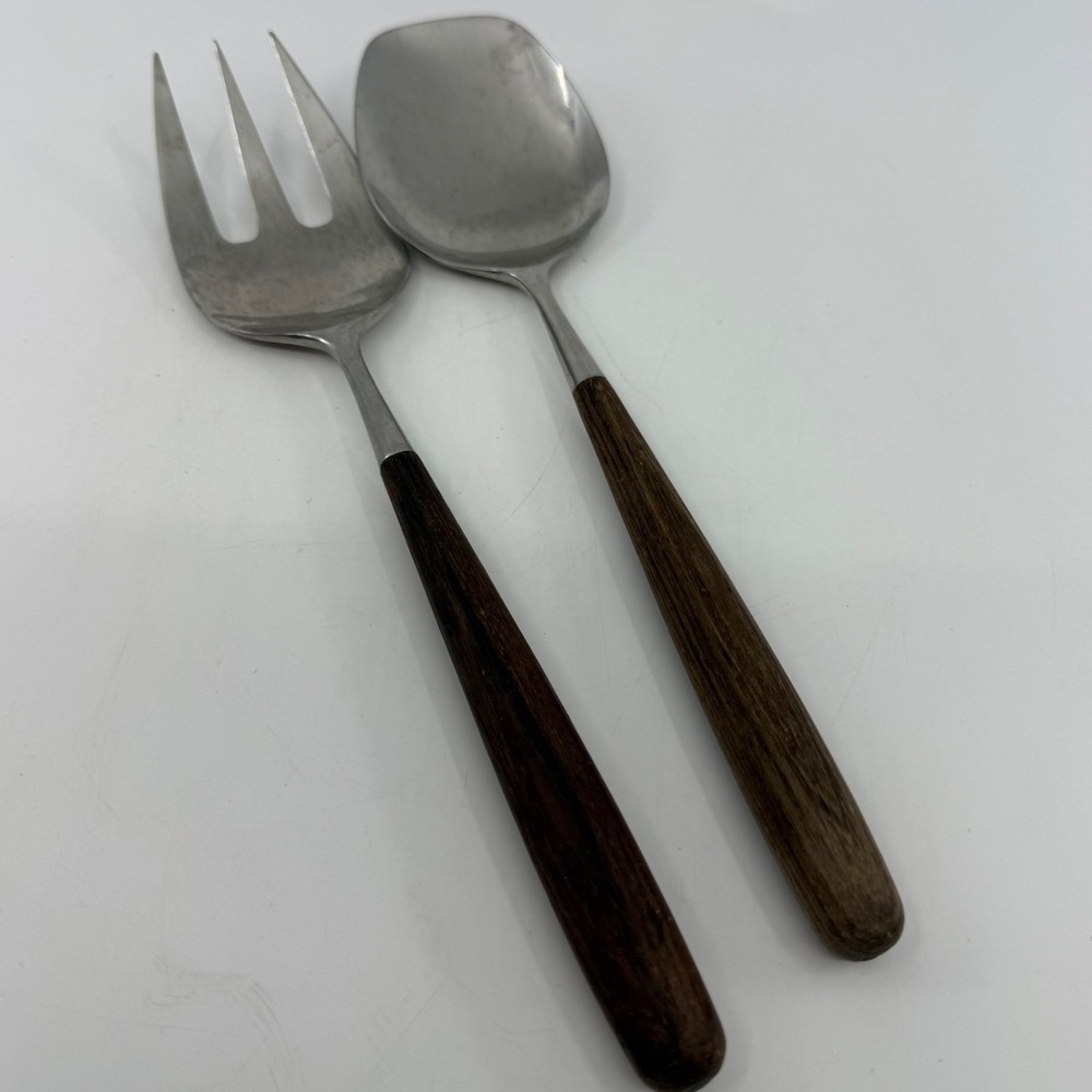 Lauffer Japan Mid Century Modern Wood Handle Stainless Serving Fork Spoon Set